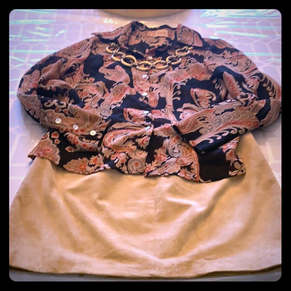 💖 Black tan gray gold & orange paisley shirt med